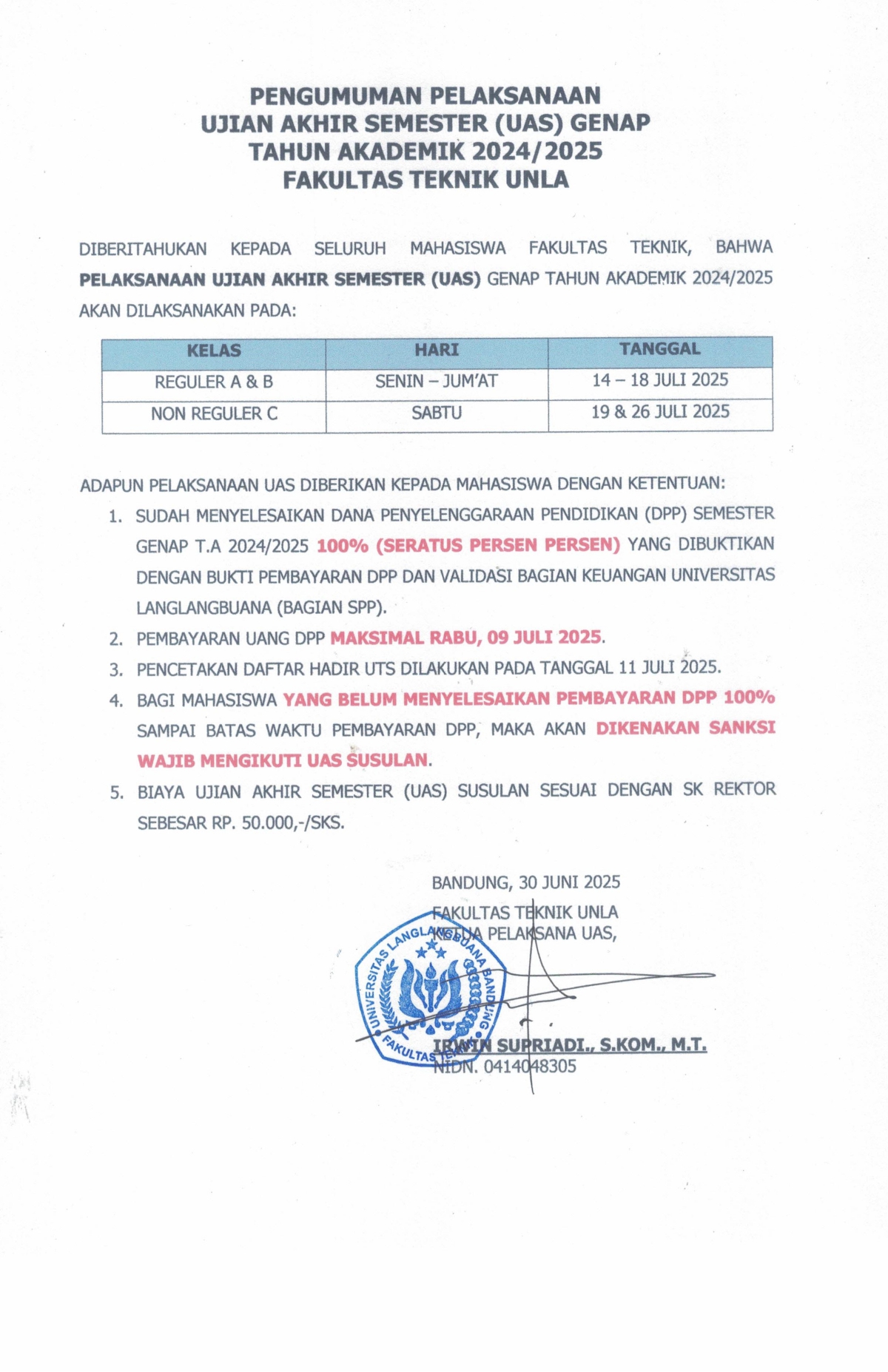 PENGUMUMAN UAS 2024/2025 GENAP