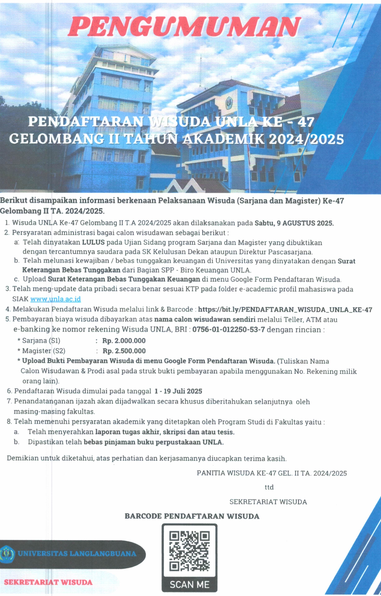 PENGUMUMAN PENDAFTARAN WISUDA KE-47 GEL. II T.A. 2024/2025
