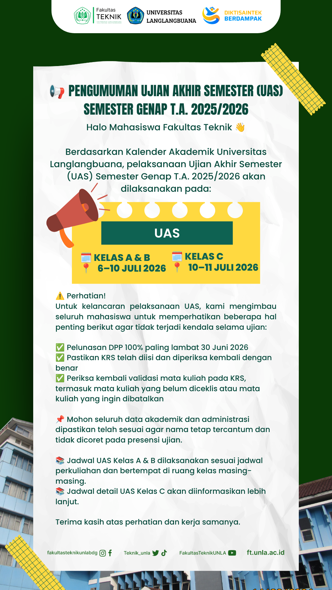 PENGUMUMAN UJIAN AKHIR SEMESTER (UAS) Semester Genap T.A. 2025/2026
